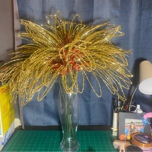 Gold Shimmer Beeds And Red Sequins Bloom 24” Faux Flowers Lot Of 8